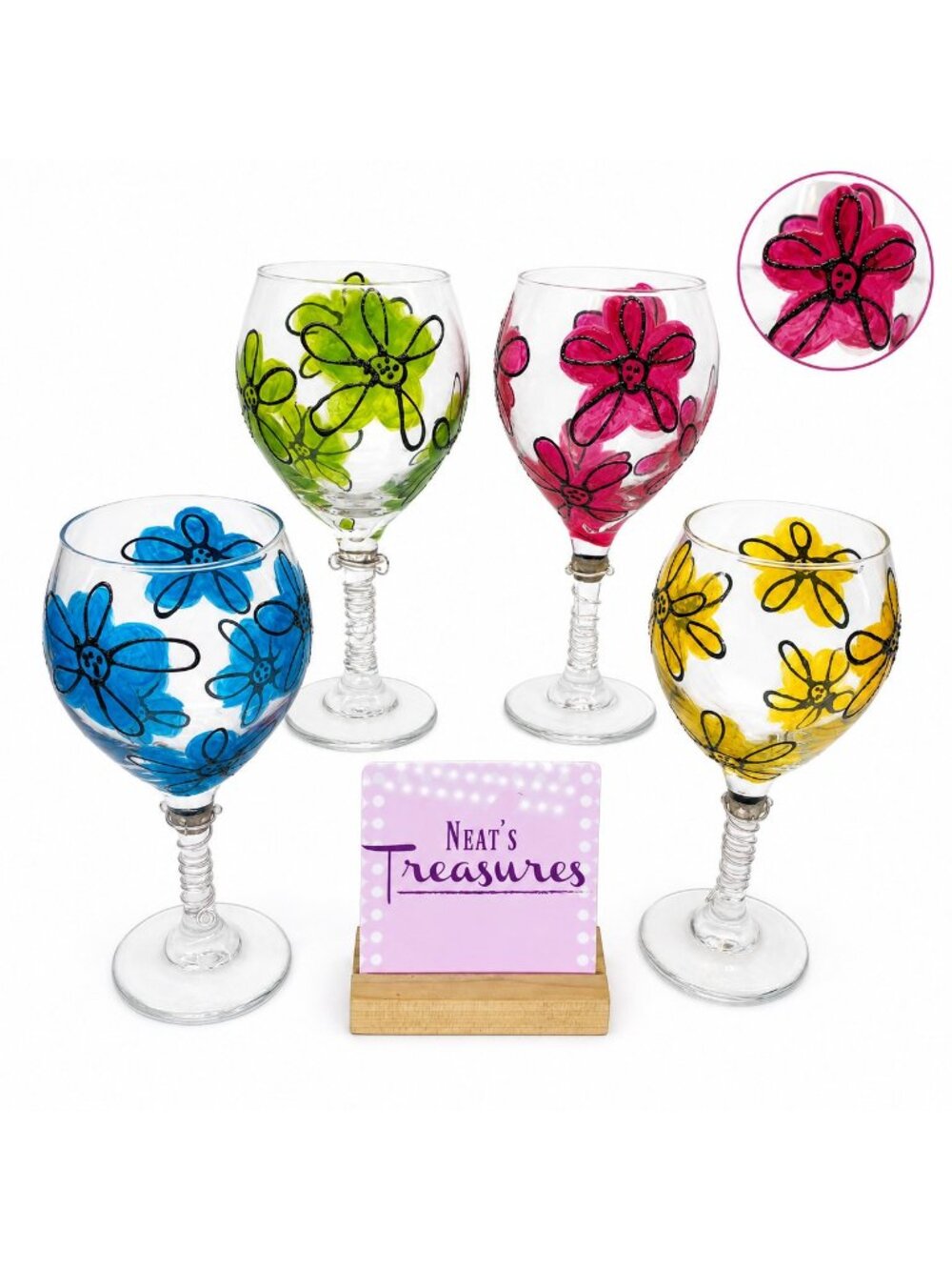 70's Inspired FLORAL Glass Wire Wrapped Stem 20oz Water Wine Large Goblet Set 4